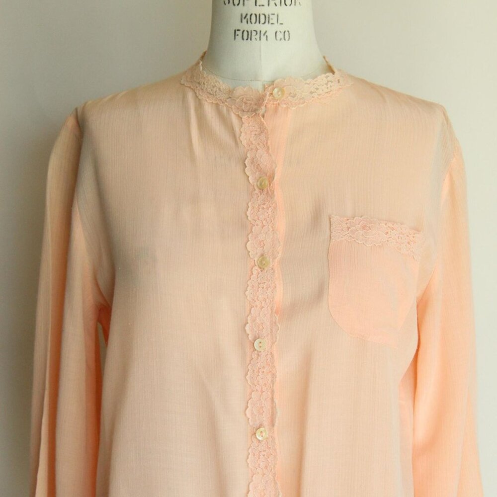 Vintage 1970s 1980s Blouse, Miss Capri Peach Shirt with Lace Trim, Grandma Core - Picture 3 of 10